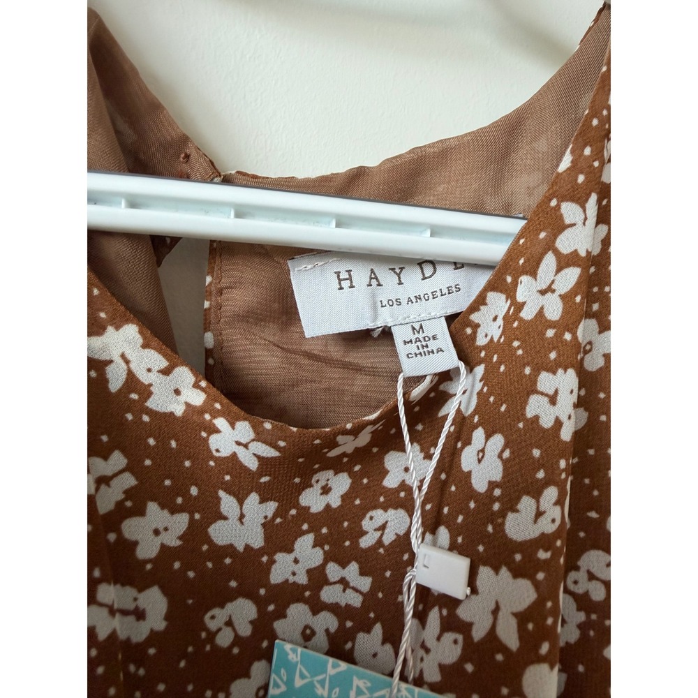 Hayden Los Angeles Brown Floral Smocked Midi Dress 3/4 Puff Sleeve NWT Medium - Picture 2 of 3